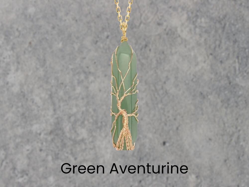 Green Aventurine Gold Tree of Life Wrapped Necklace Boho Fairycore